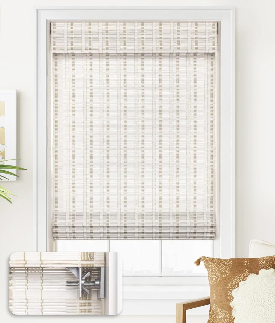 LazBlinds No Tools No Drill Cordless Bamboo Roman Shades, Light Filtering Window Treatment, Roll Up Bamboo Blinds for Window 32'' W x 64'' H, Whitewash B