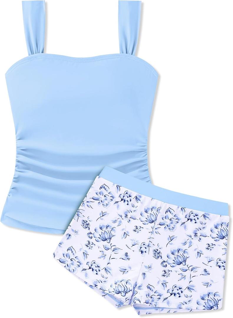Gaupafmb Swim Suit for Teens Girls 14-16 Light Blue Solid Ruched Side Squre Neck Tank Top with Floral Printed Shorts Girls Tankini with Shorts