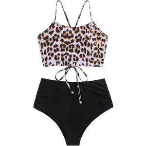 ZAFUL Women High Waisted Bikini Set Two Piece Tummy Control Wrap Swimsuit Lace Up Bathing Suit (Medium, 1-leopard)