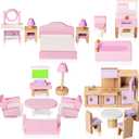 Wooden Dollhouse Furniture Set, 22 PCS Doll House Accessories Including 5 Room Kits, Little People House Furniture Toy Gift for Girls Boys Age 3+, Miniature Dollhouse Furnishing