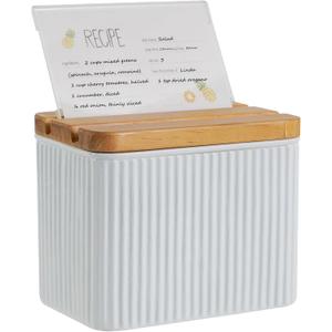 Recipe Box With Cards and Dividers Set 4x6 Recipe Holder for Kitchen Counter Metal White Vertical Stripe Pattern Embossed Recipe Card Box With Wooden Grooved Lid