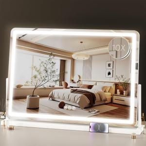 Vanity Mirror with Lights, 33"x23" Hollywood Lighted Makeup Mirror for Tabletop & Bedroom 3 Color Lighting Modes Smart Touch Control 360 Rotation Detachable
