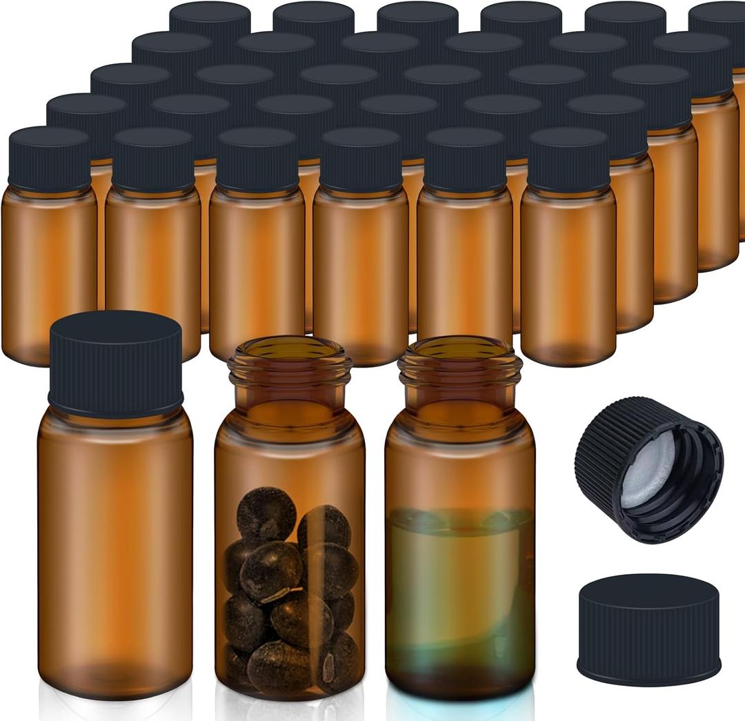 100Pcs 0.2Oz/5ml Brown Glass Vials with Screw Cap, Glass Sample Vial with PE Stopper, Leak-Proof Small Glass Bottles Jars Containers Essential Oil Bottles for Storage Liquid, Pills and Lab Use