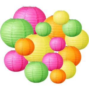 Riakrum 16 Pcs Neon Themed Paper Lanterns Birthday Party Decorations Mixed Size 6'' 8'' 10'' 12'' Colorful Chinese Hanging Paper Lanterns for Wedding Home Decorations Supplies