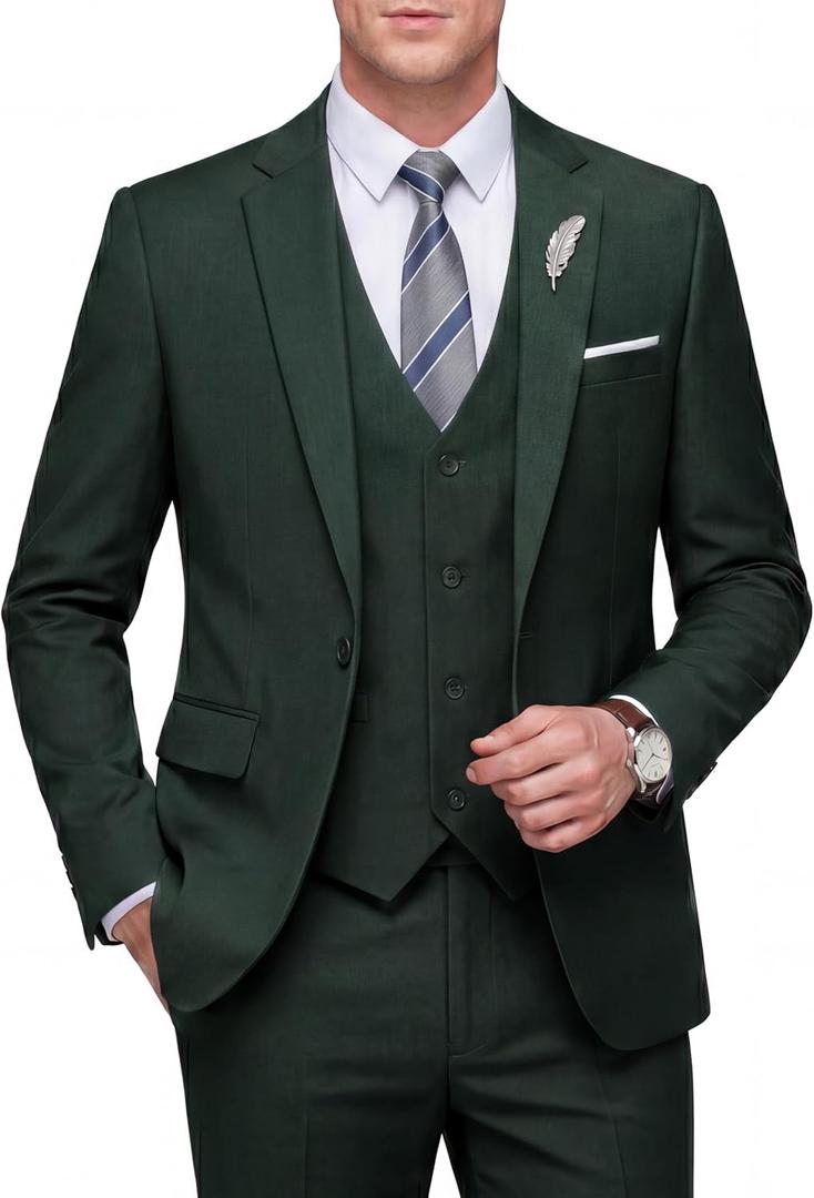 WULFUL Men's Slim Fit 3 Piece Suit, One Button Solid Blazer Business Party Jacket Vest Pants Set (XX-Large, Dark Green)