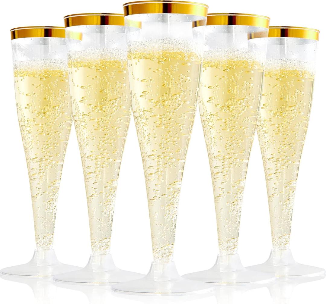 FOCUSLINE 100 Pack Plastic Champagne Flutes, 4.5 Oz Gold Rim Plastic Champagne Glasses, Disposable Clear Toasting Glasses Recyclable Champagne Cups for Wedding Party