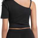 Crop Tops for Women Cute One Shoulder Tee Short Sleeve Going Out Shirts with Adjustable Strap and Playful Hem (Black, L)
