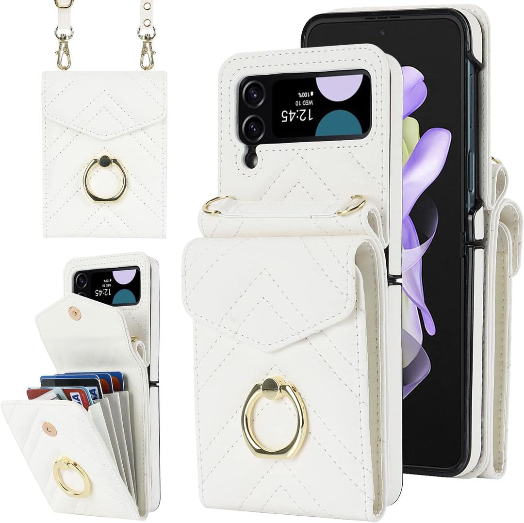 Asuwish Phone Case for Samsung Galaxy Z Flip 3 5G 2021 Wallet Cover with RFID Blocking Ring Crossbody Wrist Strap Stand Card Holder Leather Slot Cell Accessories ZFlip3 Z3 Flip3 3Z Women Men Off White