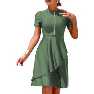 ZAFUL Women's Rash Guard Short Sleeve 2 Piece Modest Swim Dress with Shorts, Large
