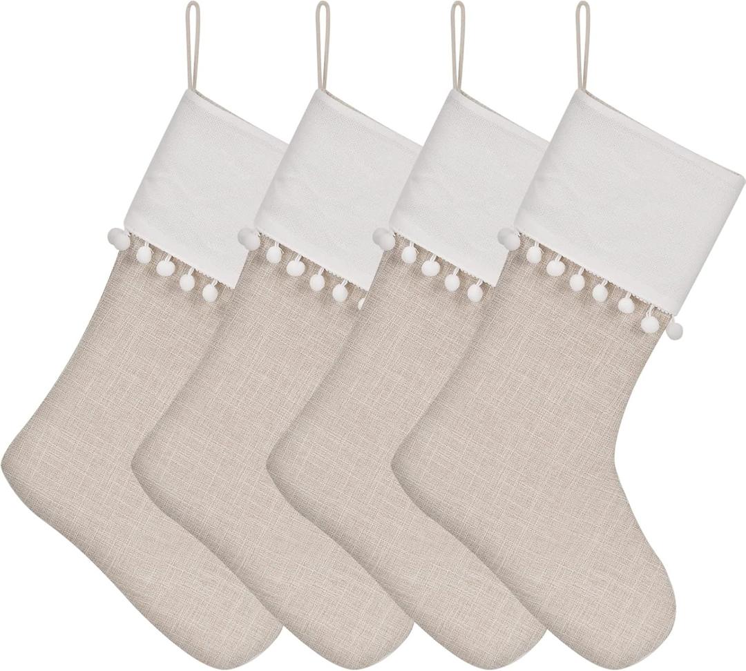 WANZELONYO Christmas Stocking 18 Inch Textured Tassel Decoration Hanging Stocking for Vinyl Sublimation HTV Ironing Craft Embroider 6 Pack Light Linen