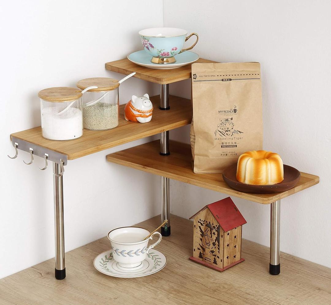 3-Tier Corner Shelf, Bamboo & Metal Storage Rack with Hooks, Adjustable Countertop Organizer for Kitchen, Bathroom, Bedroom or Office