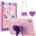 WESADN for iPad 9.7 Case iPad 6th 5th Generation Cases with Screen Protector/Butterfly Kickstand/Lanyard/Keychain Rugged Case with Pencil Holder for Girls Kids iPad Air 2 Case 9.7'' Pink Purple