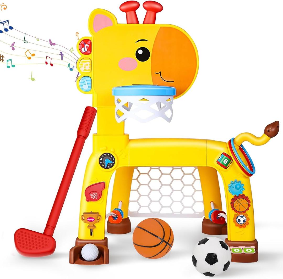 Ancaixin 4-in-1 Toddler Basketball Hoop & Soccer Goal with Golf Ring-Toss, Toys for 1 2 3 Year Old Boys Girls, Montessori Musical Sports with Light Toys for Baby 12-18 Months, Christmas Birthday Gifts (Yellow)
