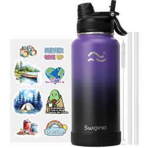 [2-IN-1 LID] Insulated Water Bottle with Silicone Boot (36hrs Cold/18hrs Hot) - DIY Stickers, Leakproof, BPA Free, 32 oz (Purple-Black)