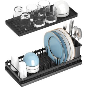 Small Dish Drying Rack, Compact Sink Dish Drainer Plate Organizer with Utensil Holder and 2pcs Silicone Drying Mats for Kitchen Counter, RVs, Apartments