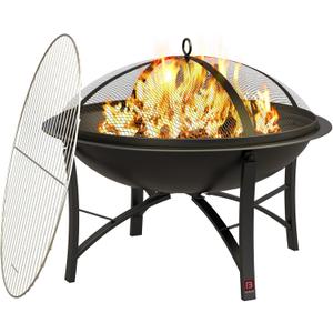 Fire Beauty Fire Pit for Outside Wood Burning,BBQ Grill Steel Fire Bowl with Cooking Grate,Spark Screen Cover,Log Grate,Poker for Camping Beach Bonfire Picnic Backyard Garden (Black+Chrome Grill)
