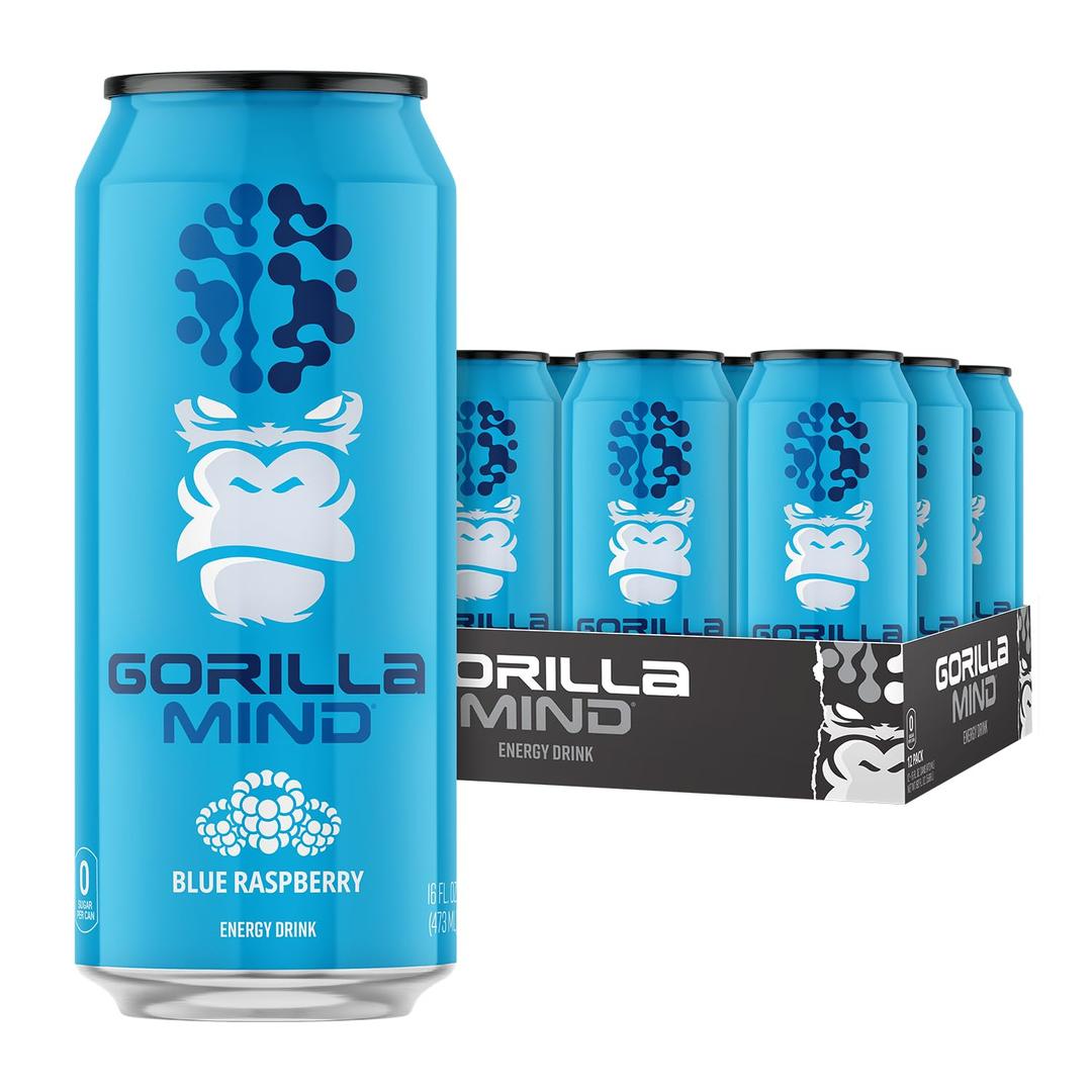 Gorilla Mind Energy Drink | Unmatched Energy  Amplified Focus | N-Acetyl-L-Tyrosine, Alpha-GPC, 200mg Caffeine, Uridine, Saffron | 0 Sugar Or Artificial Colors | 16oz, 12-Pack (Blue Raspberry)