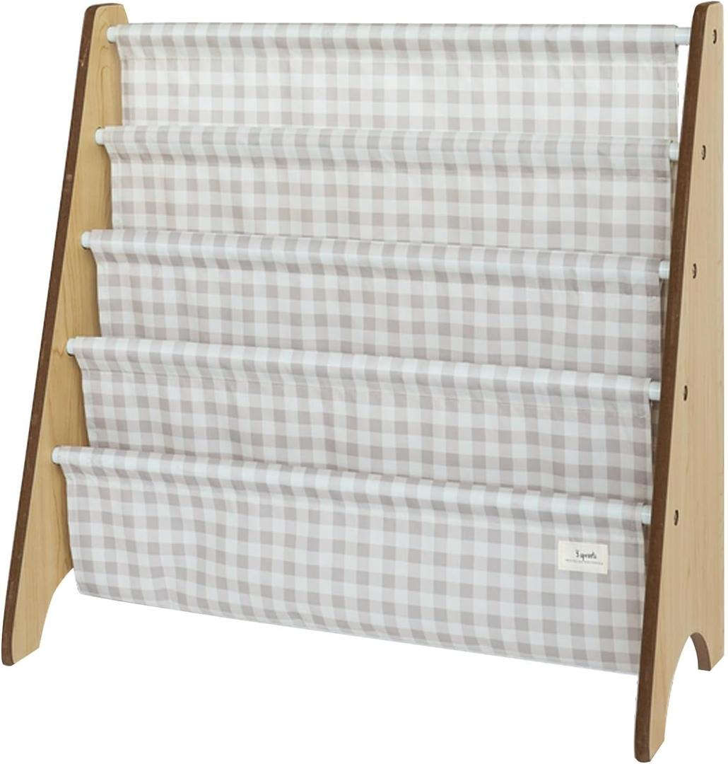 3 Sprouts Kids Bookshelf with Recycled Fabric - 4-Tier Sling Storage for Kids Rooms Holds 35 Titles - Toddler Organizer for Ages 3+ - Gingham Beige