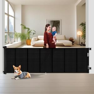 Upgraded 150 inch Retractable Baby Gates Extra Wide with Reinforced Strip Design to Prevent Crawling Through, 34" Tall, 12 FT Wide Retractable Dog Gate, Retractable Gate for Indoor/Outdoor (Black)