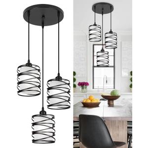 Black Pendant Lights for Kitchen Island 3-Light Pendant Light Fixtures with Frosted Glass Shades, Spiral Iron Kitchen Island Lighting Adjustable Pendant Lighting for Dining Room, Kitchen