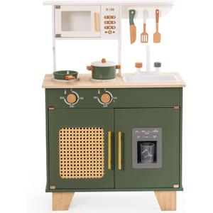 ROBUD Kids Kitchen Playset, Vintage Wooden Play Kitchen with Ice Dispenser, Pretend Toddlers Kitchen Toy with Accessories, Baby Gift for Ages 3-8