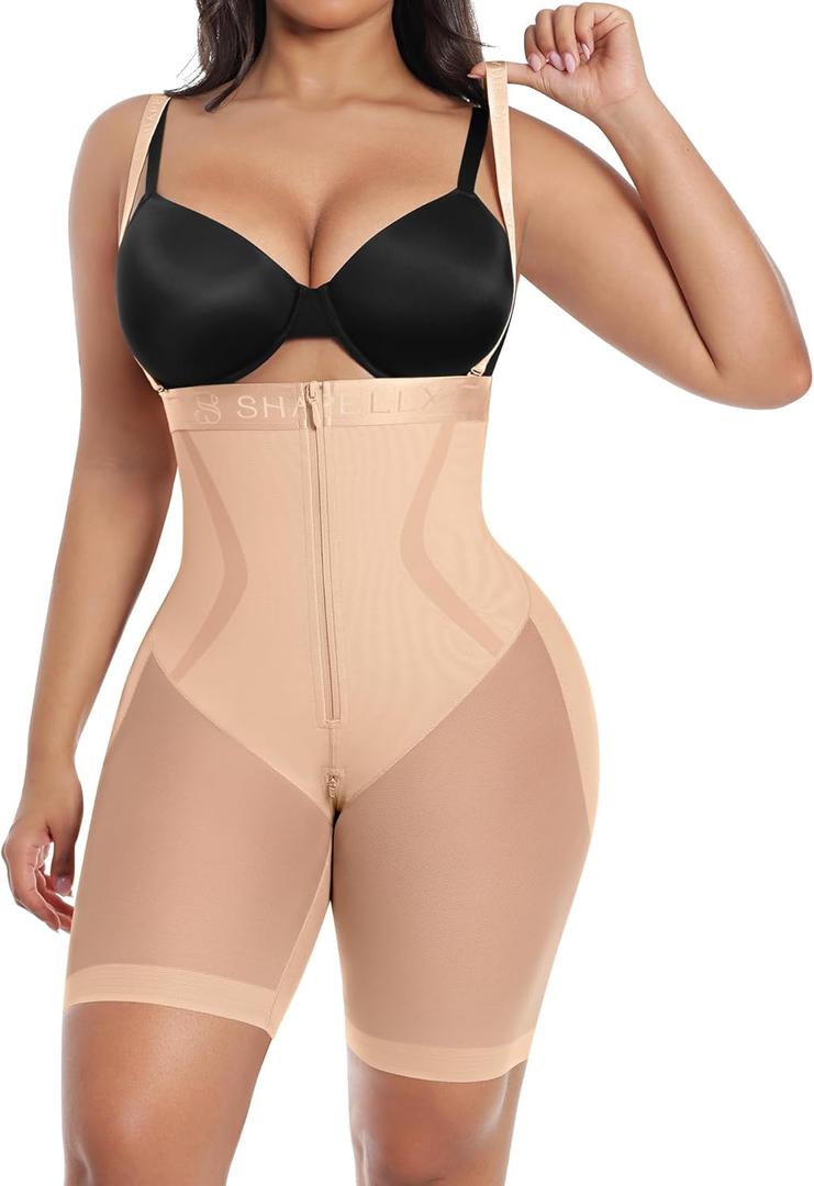 SHAPELLX Fajas Colombianas Shapewear for Women Tummy Control Postpartum Faja Body Shaper Butt Lifting Shorts Bodysuit (Beige, XXXL)