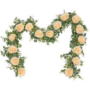 Dolicer 2Pcs 13Ft Artificial Eucalyptus Garlands with Flowers - 8 Roses, Faux Floral Greenery Garlands Fake Flowers Vines for Wedding Table Centerpieces Arch Party Ceremony Backdrop Decor (Champagne)