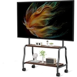 Easel Rolling TV Stand with Wheels for 32-75 Inch TVs, Decorative Mobile TV Cart with Double Wood Shelves, Portable Floor TV Stand for Living Room Office Classroom, VESA 600x400, 110 lbs