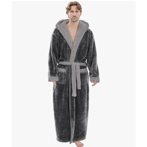 Mens Plush Robes Full Length, Big and Tall Fleece Hooded Bathrobe Warm Fluffy Cozy Winter Housecoat Floor Length. M