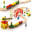 Wooden Train Sets for Boys 2-4-7  38 Pcs Wood Train Set for Toddlers w/Crane, Bridge & Wooden Train Tracks  Train Toys for 3 Year Old Boys & Girls  Fits Thomas Brio IKEA Melissa and Doug