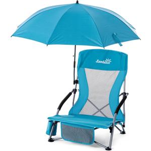 Lamberia Folding Beach Chair with Umbrella for Adults, Portable Low Beach Chairs with 300lbs Capacity, Lightweight Fodable Camping Chair for Travel, Picnic, Concert & Outdoor Activities, Blue