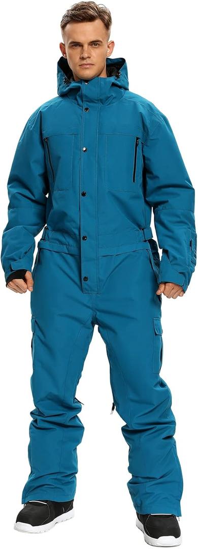 Mens One Piece Ski Suit Snowsuits Colorful Snowboard Jumpsuits Waterproof Hooded Warm Jackets Outdoor Winter (Medium, Blue)