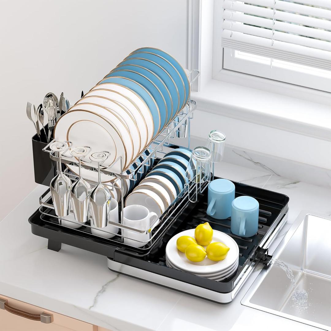 Pumokc Dish Drying Rack, Expandable Large Capacity 2 Tier Dish Drying Rack, Stainless Steel Dish Drainer with Utensil Holder, Adjustable Width for Kitchen Counter,Black