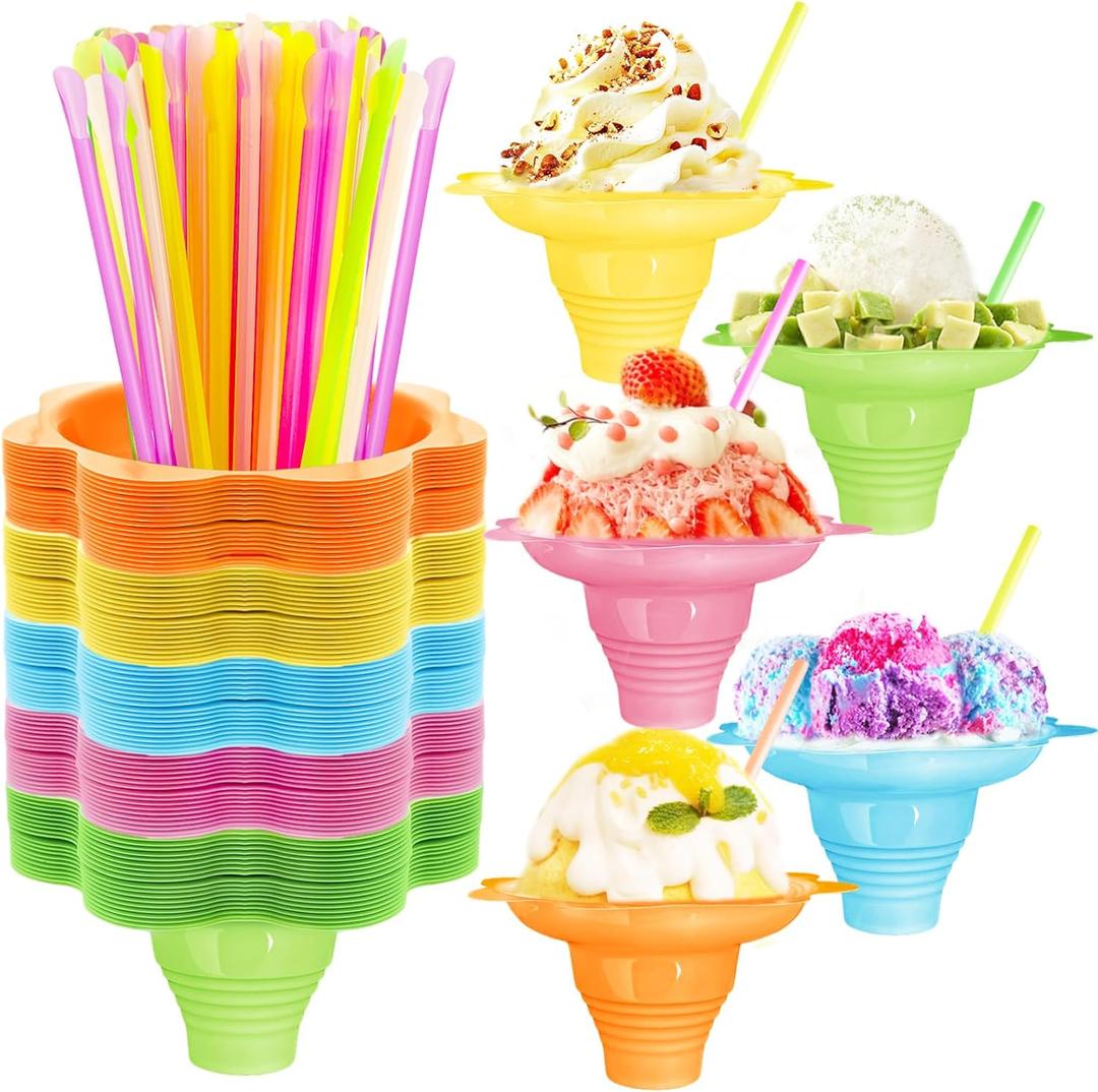 200Pcs Colorful Snow Cone Cups with Spoon Straws,4oz Plastic Flower Shaped Ice Cream Cup,Reusable Ice Cups Snack Bowls for Summer,Birthday,Party,Cookout,Food Service(5 Colors)