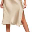 Womens Satin Silk High Waist Slit Midi Skirt Elastic Waistband Midi Skirts for Women (Small, Champagne)