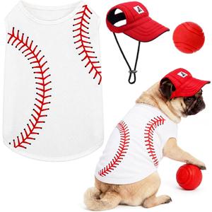 3 Pcs Baseball Dog Costume Set White Sleeveless Dog Shirt with Pet Summer Sun Hat and Small Pet Ball, Dogs Clothes for Small Medium Large Dogs(L)