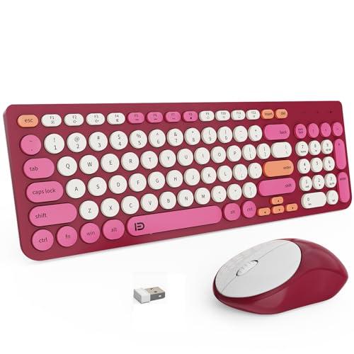 FD Wireless Keyboards and Mouse Combo - 2.4GHz USB Cordless, Cute Wireless Keyboard Round Keys, Quiet and Slim Set for Laptop, Computer, TV and Mac - Strawberry White Colorful