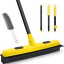 Rubber Broom with Squeegee, Pet Hair Removal 52.8 inches Long Handle, Push Fur Remover Tool with Portable Detailing Lint Brush for Fluff Carpet, Window, Tile, Hardwood Floor Cleaning (Yellow)