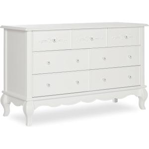 Volur Aurora 7-Drawer Double Dresser, Assembled Baby Dresser with Crystal Knobs, Queen Anne Feet & Spacious Storage for Nursery Essentials in Frost White