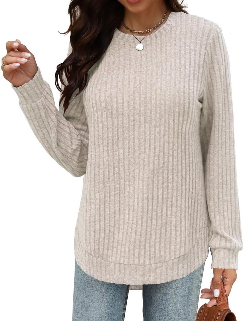 Beimuc Long Sleeve Shirts for Women Tunic Tops 2025 Fall Clothes Lightweight Crewneck Sweaters Loose Fit Curved Hem (Pink, L)