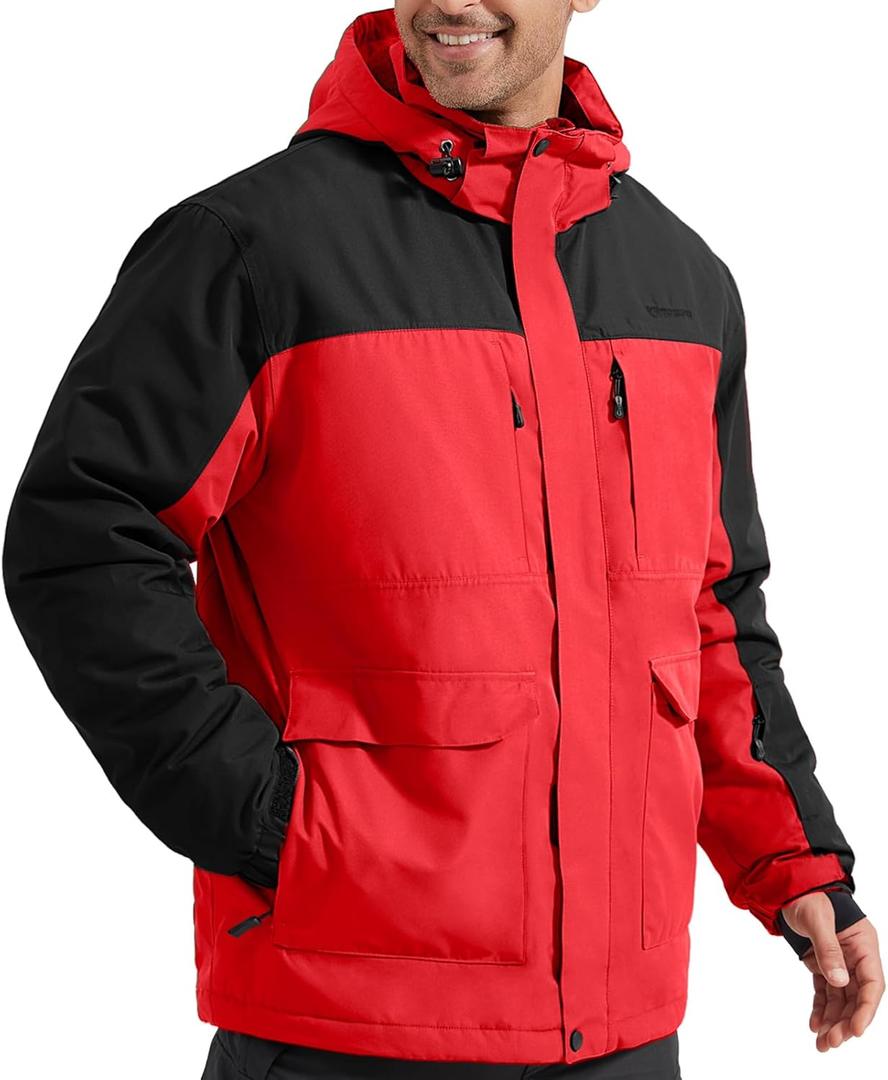 FREE SOLDIER Men's Waterproof Ski Jacket Fleece Lined Warm Winter Snow Coat with Hood Fully Taped Seams(Urban Red, XL)