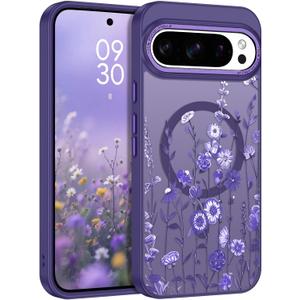 DOMAVER for Google Pixel 10/10 Pro Case, Magnetic Phone Case for Pixel 10/10 Pro [Compatible with MagSafe] Slim Fit Flowers Floral Design Shockproof Protective Bumper Women Men Girls Cover- Purple