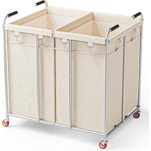Alllion Laundry Cart with Wheels, 360L Large Laundry Hamper 2 Section, Removable Waterproof Laundry Sorter for Easy Sorting and Storage, Ldeal for Home & Hotel, Beige