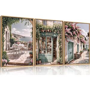 Modern French Flower Street Framed Canvas Wall Art Set,Romantic Green Landscape Wall Decor,Vintage Mediterranean Bookstore Neutral Coast Cityscape Artwork for Living Room, Bedroom-24 x36 x3