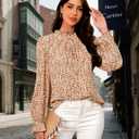 Womens Frill Mock Neck Boho Floral Tops Elegant Puff Long Sleeve Shirts 2025 Casual Vacation Outfits Work Blouse (L)