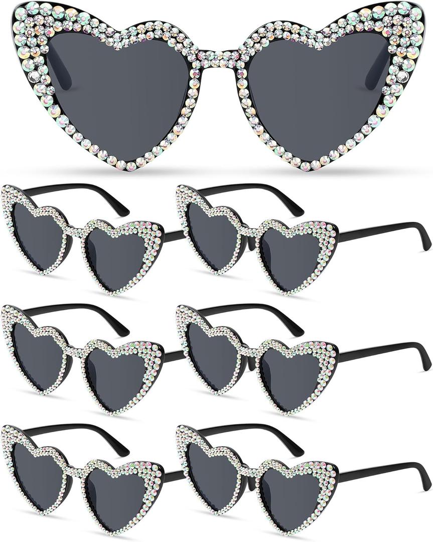 Kanayu 6 Pairs Heart Rhinestone Sunglasses Women Sunglasses for Bride, Bridesmaid, Wedding, Bachelorette Party(Black)