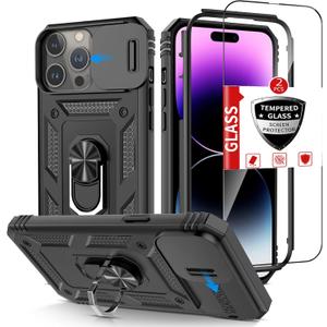 Compatible with iPhone 14 Pro Case with 2 Tempered Glass Screen Protectors, Built-in 360°Kickstand Ring with Camera Cover Shockproof Military Grade Drop Heavy Duty Protection Phone Bumper Black
