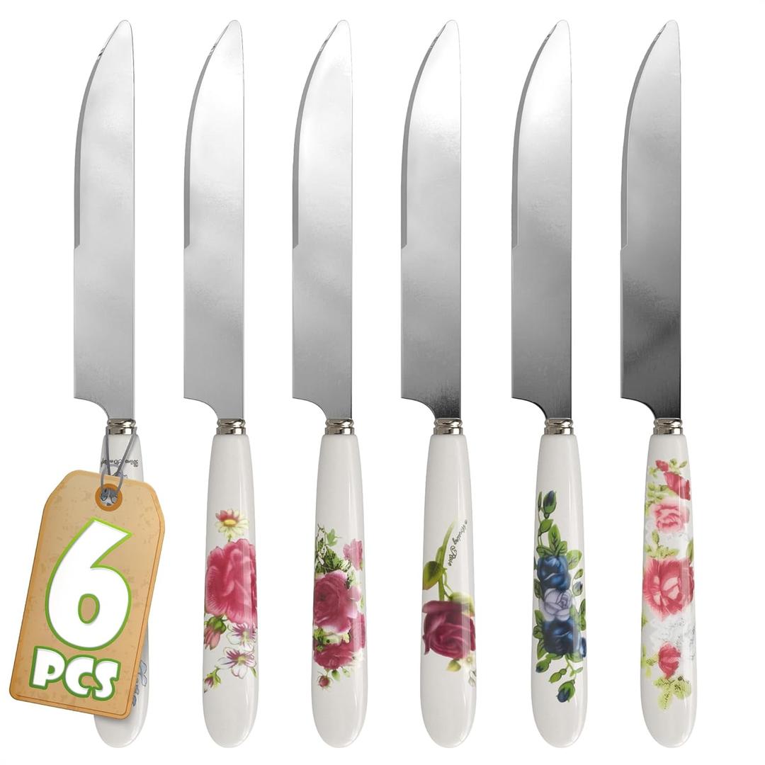 Floral Butter Knife Set of 6  Floral Knife Set with Easy-to-Grip Fancy Ceramic Handles, Serrated Stainless Steel Blade  Sturdy, Polished, Dishwasher-Safe Design for Daily Use & Festive Occasions