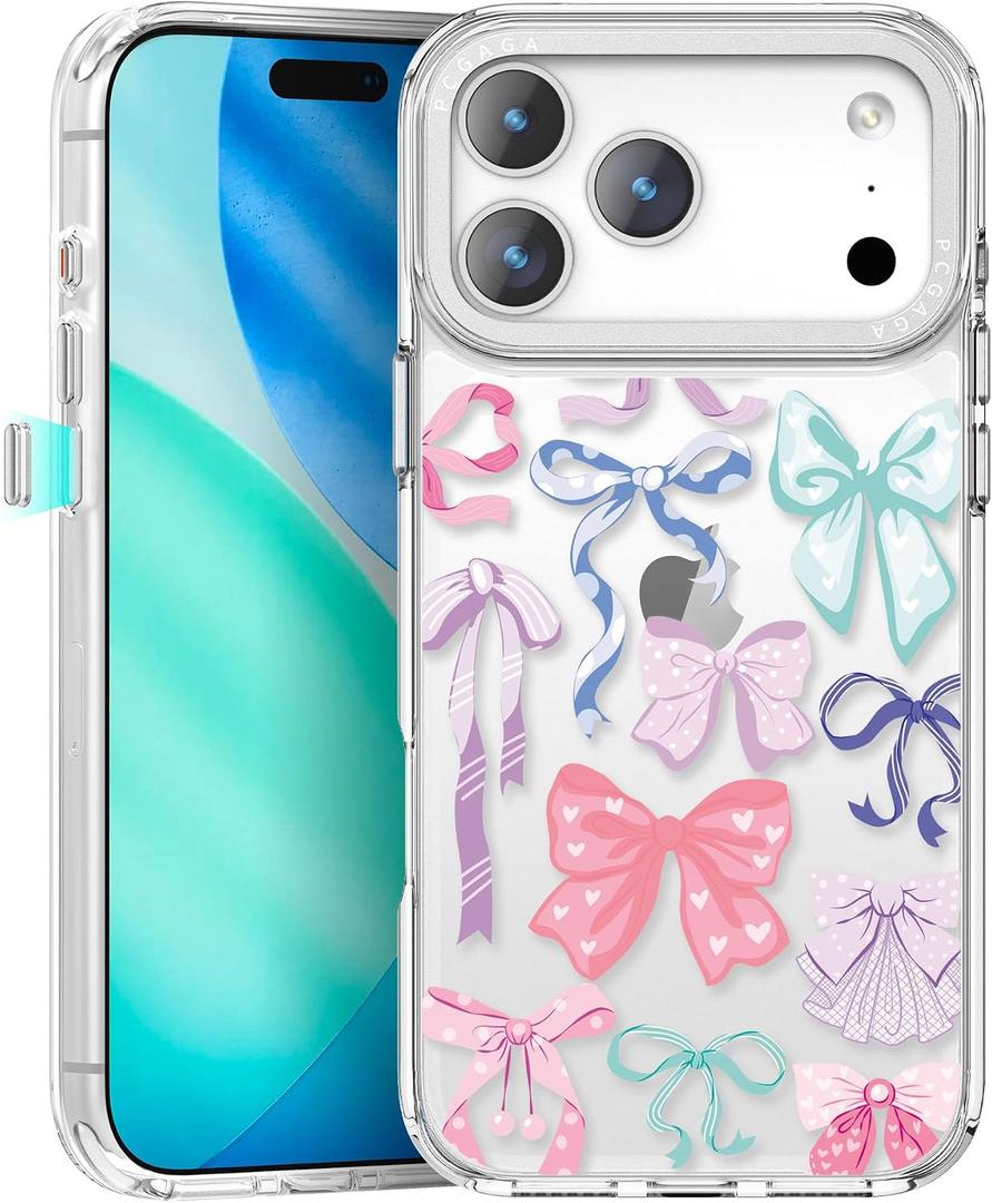 pcgaga Aesthetic Phone Case for iPhone 17 Pro 6.3" with Embossed Patterned Hard Clear Back Cover,Slim TPU Bumper,Camera Frame -360°Shockproof Full Protection, Colorful Bow
