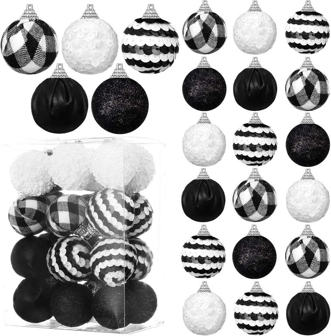 Lenwen 24 Pcs Christmas Tree Balls Ornaments Black and White Christmas Ornaments Buffalo Plaid Christmas Tree Decorations for Xmas Party Tree Decor